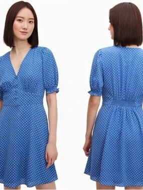 Kate spade blue  Polka Dot V-Neck Puff Sleeve Dress brand new
